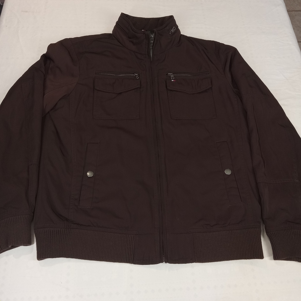 Tommy Hilfiger Mens XL Jacket Maroon Full Zip Lined Collared Bomber Pockets Coat